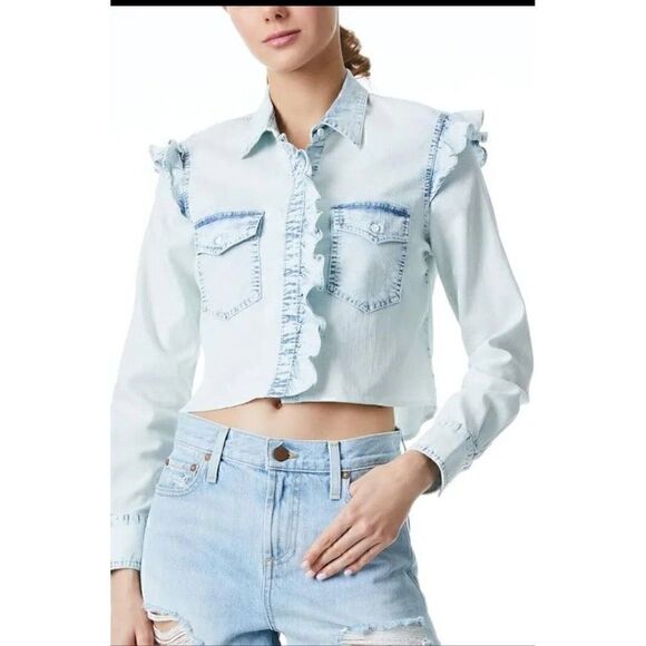 Alice + Olivia Womens Hannah White Ruffled Denim Button-Down Top Size XS - Picture 1 of 9